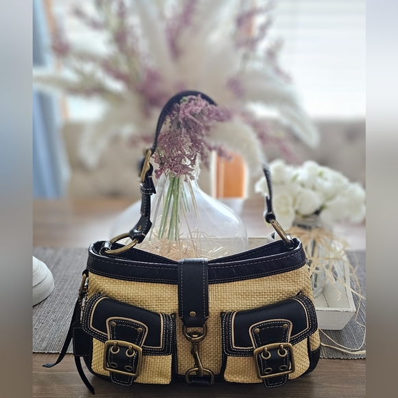 Vintage Coach Legacy Leather Trimmed Manufactured Straw Hobo Shoulder Bag - Picture 11 of 16